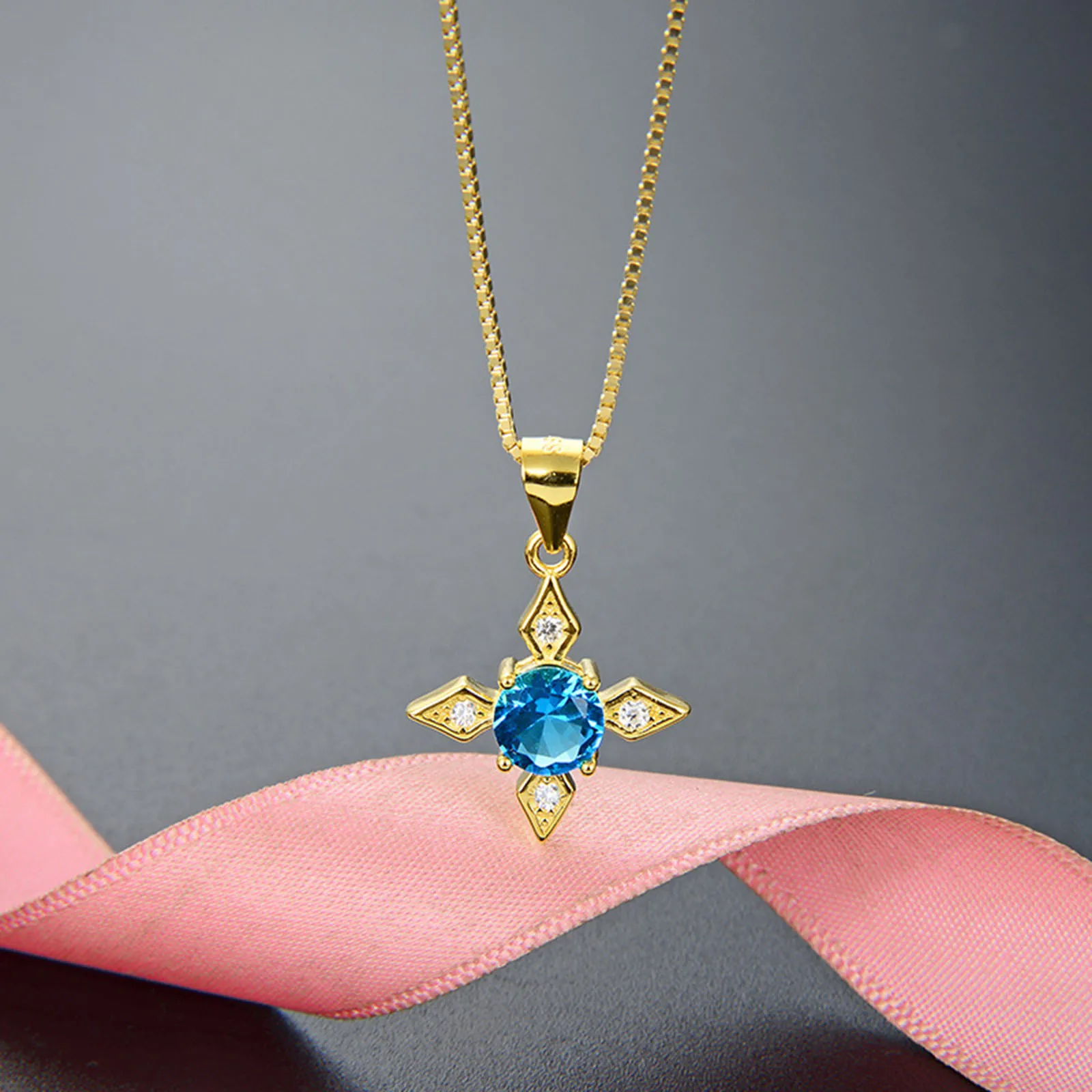 18K Gold Plated Womens Light Blue Zircons Arror Flower Design Pendant