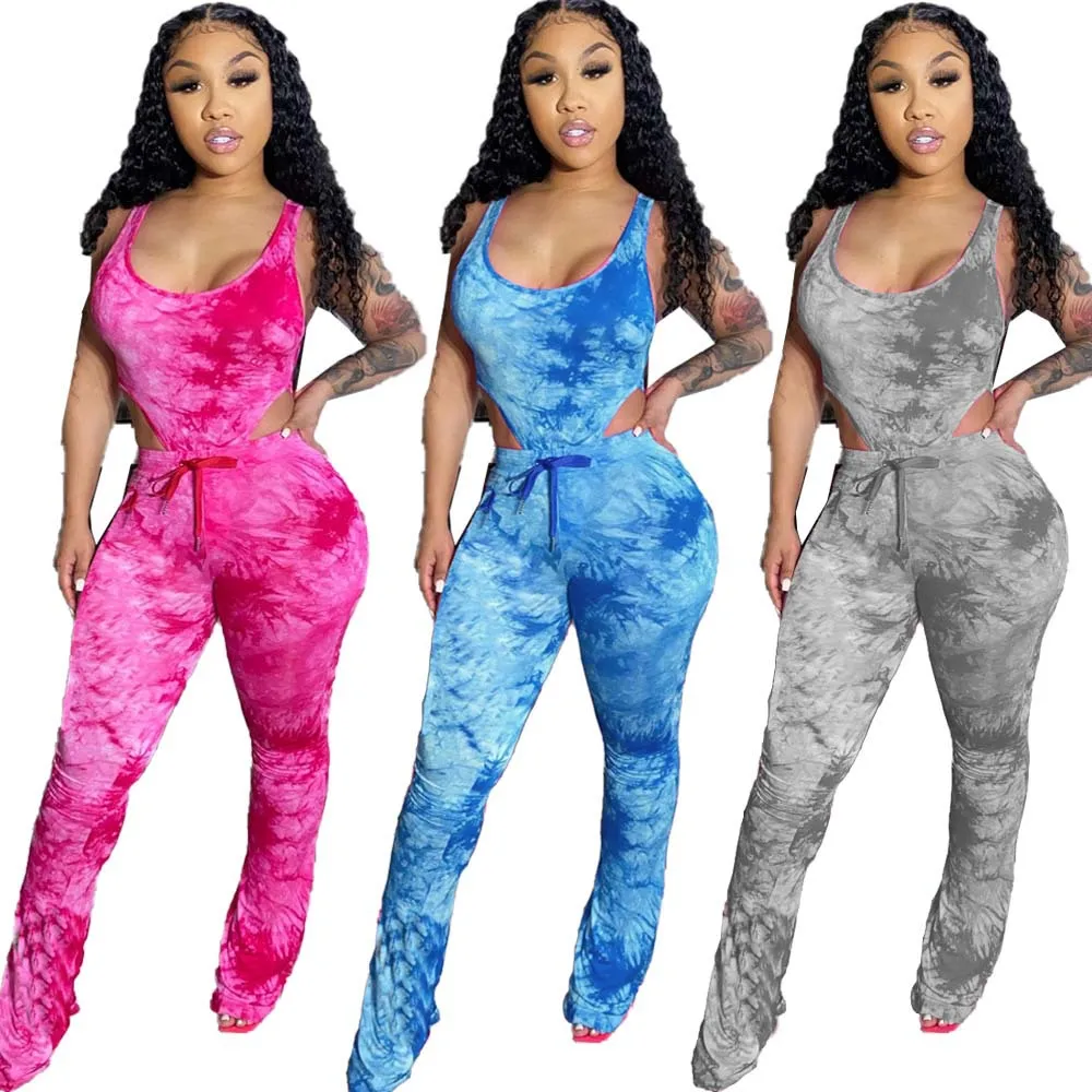 
Plus Size Tie Dye 2 Piece Bodysuit Legging Pants Set Sexy Backless Bodysuit And Flare Pants 2 Piece Bodysuits For Women 