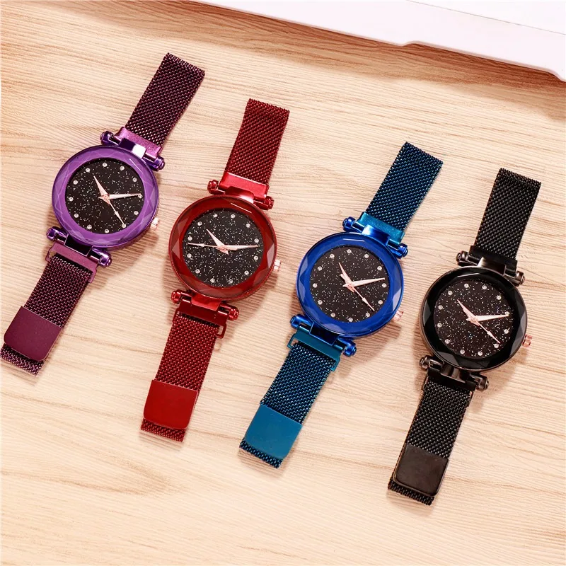 
New Fashion Women Luxury Stainless Steel Mesh Belt Ladies Starry Sky Magnet alloy Ladies Wrist Watch 