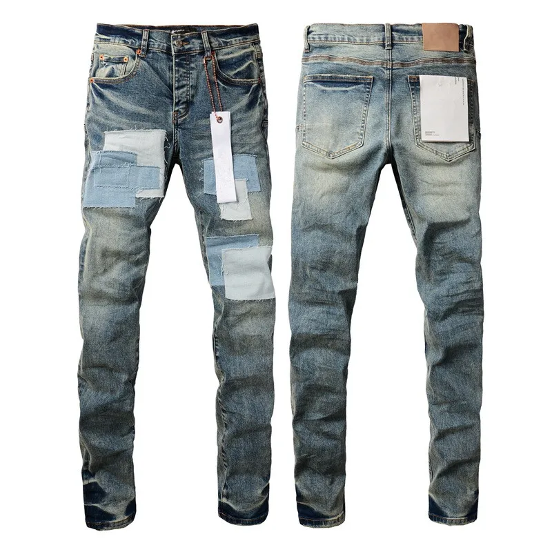 Fashion Custom Light Blue Slim Fit Damaged Knee Hole Painted Splatter Denim Jeans For Men