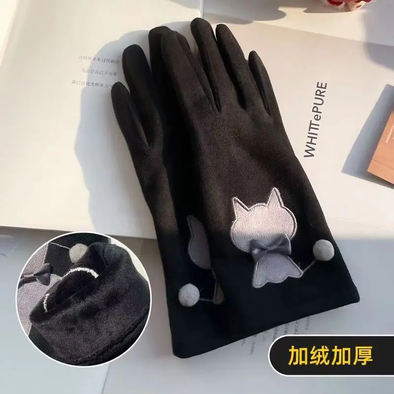Fall Winter Ladies Faux Suede Glove with Cat Applique Embroidery and Bow Trim