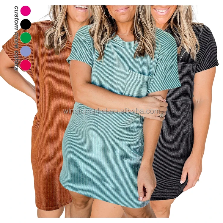 Casual t-shirt dress short sleeve mini ribbed straight formal shirt dresses with pocket