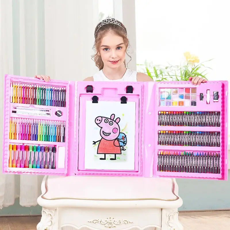 Non-Toxic Kids Plastic Case Watercolor Pen Colour Pencil 208 Pieces Art Drawing Set With Easel Kit