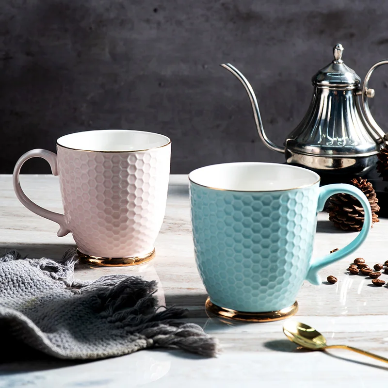 European Luxury Honeycomb Ceramic Tea Cup Custom Nordic  Elegant Bone China Coffee Mug