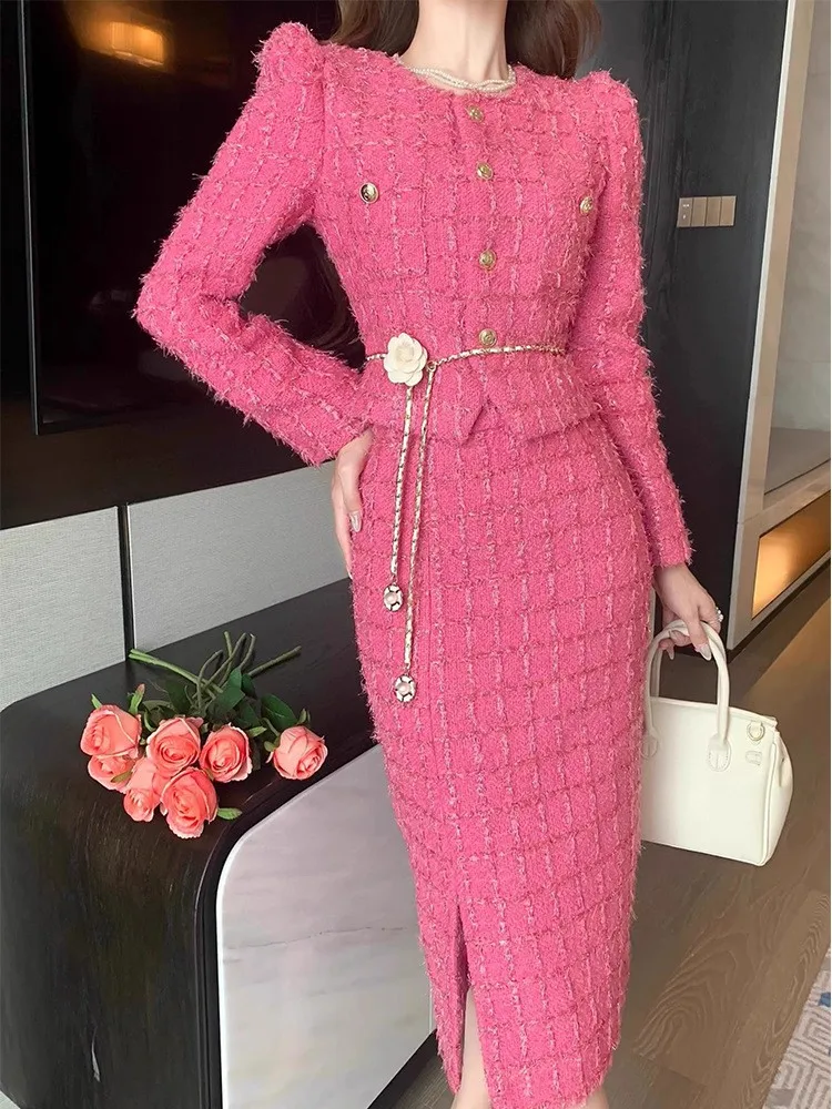 New arrivals women elegant pink long tweed skirt and jacket two pieces