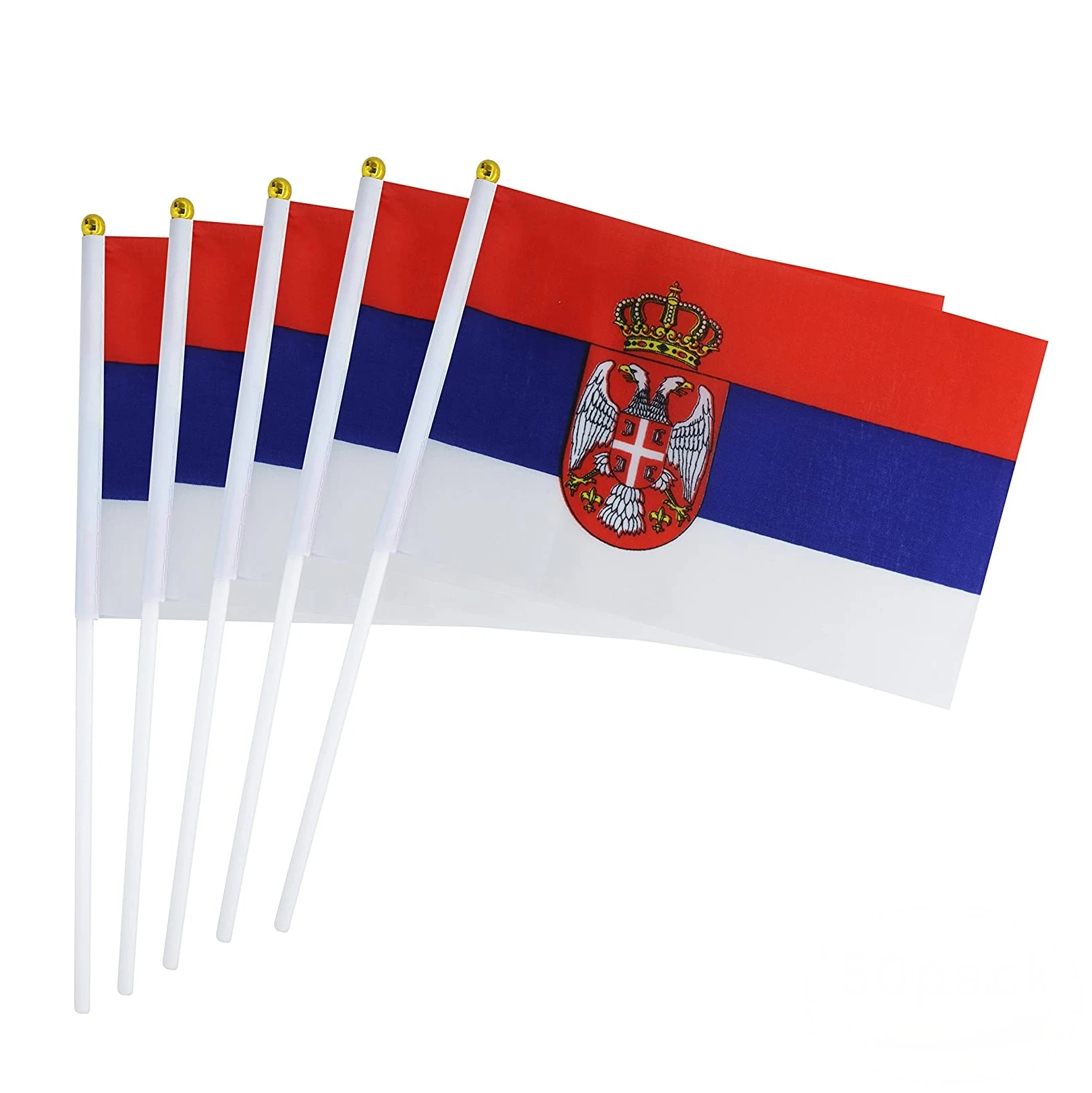 Serbia Flag 14x21CM Polyester Table Flags with Pole Flying Country Hand Waving Stick Serbian Hand Flags