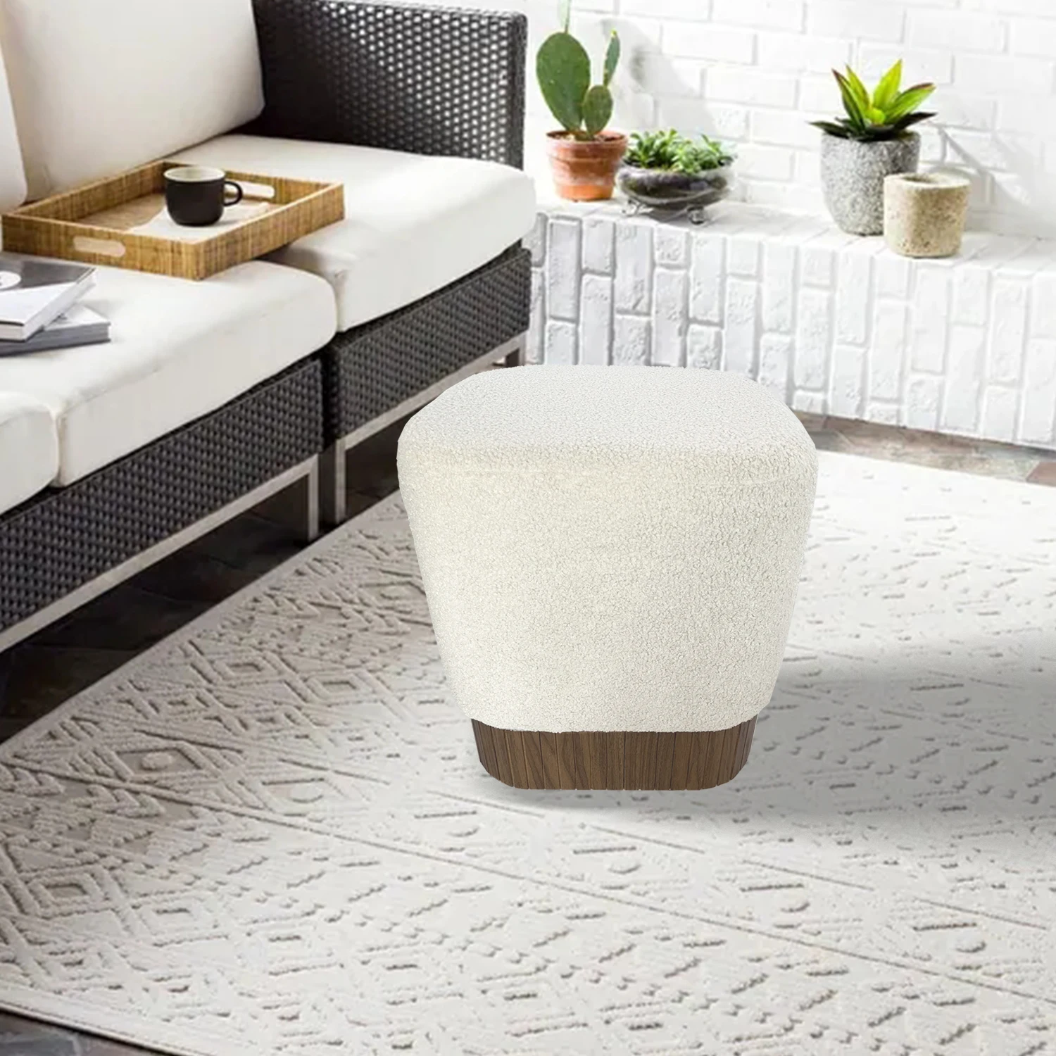 Modern Furniture Boucle Ottoman Base wood Footrest Tufted Velvet Cream Fabric Boucle Sto