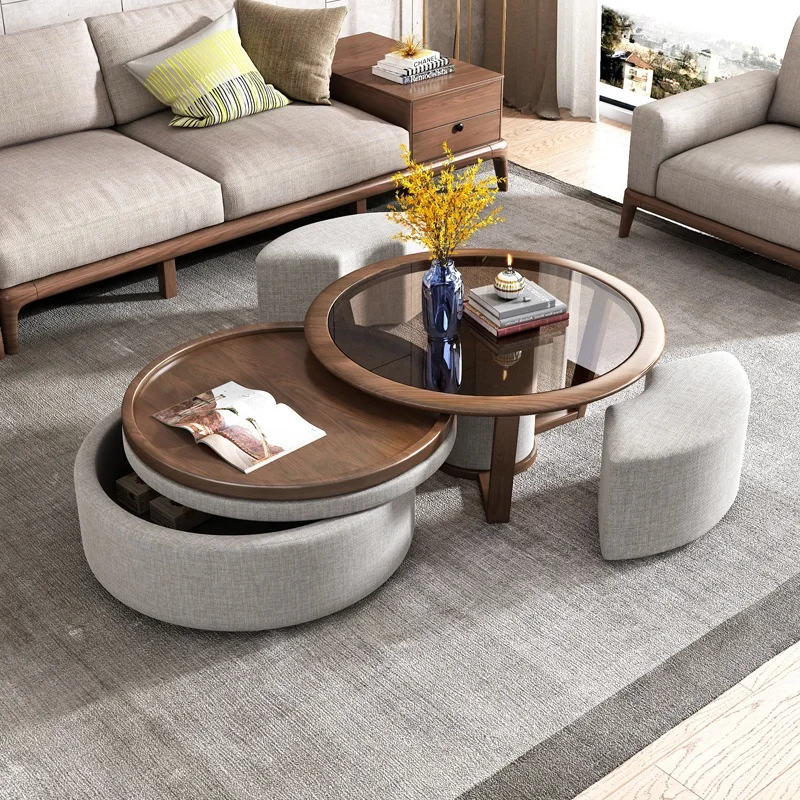 Modern Living Room Furniture Modular Storage Design Tempered Glass Wooden Round Coffee Table
