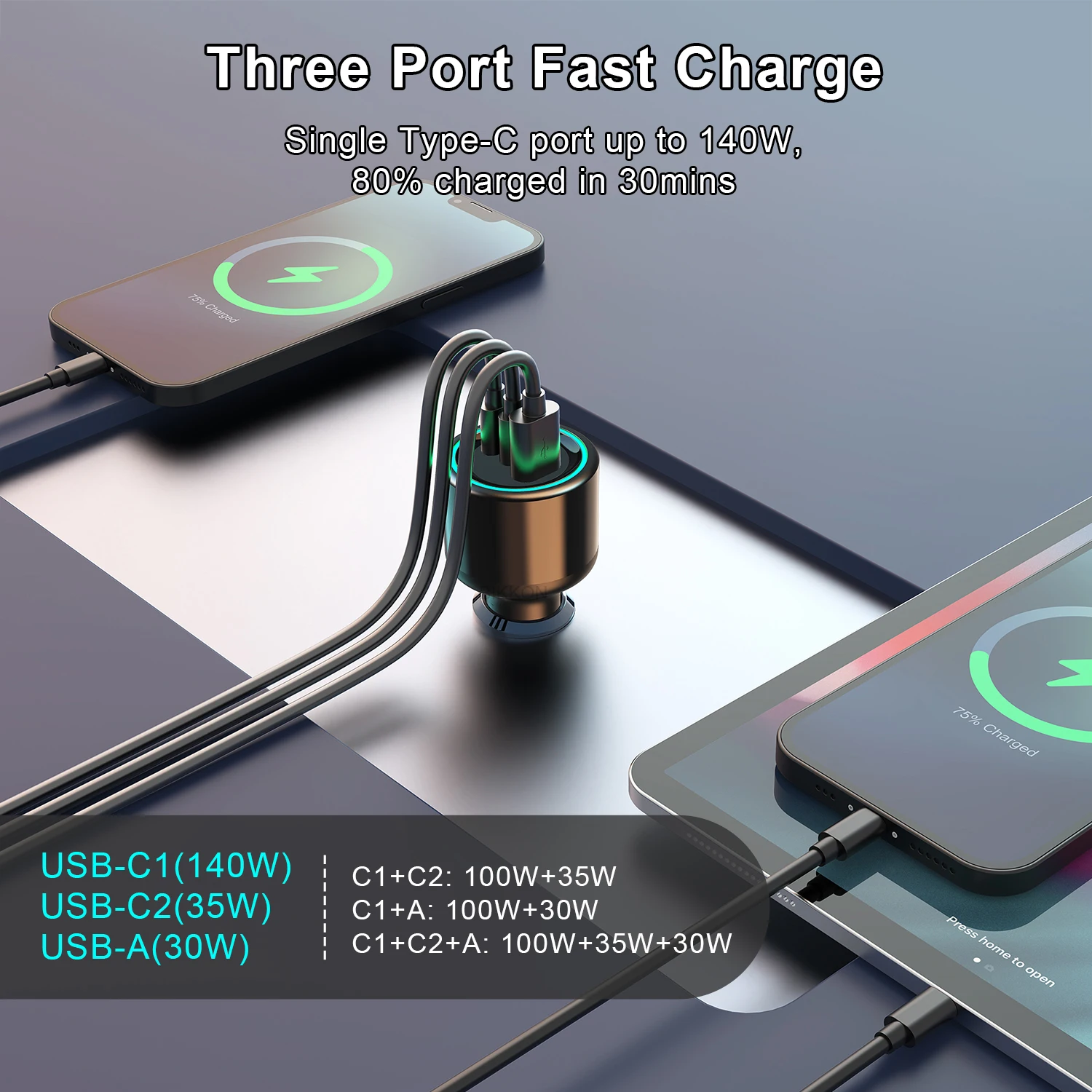 PD 165W Type C Car Charger PD3.1 140W QC3.0 PPS Portable  Laptop Car Adapter Fast Car Mobile Phone Charging for Macbook Notebook