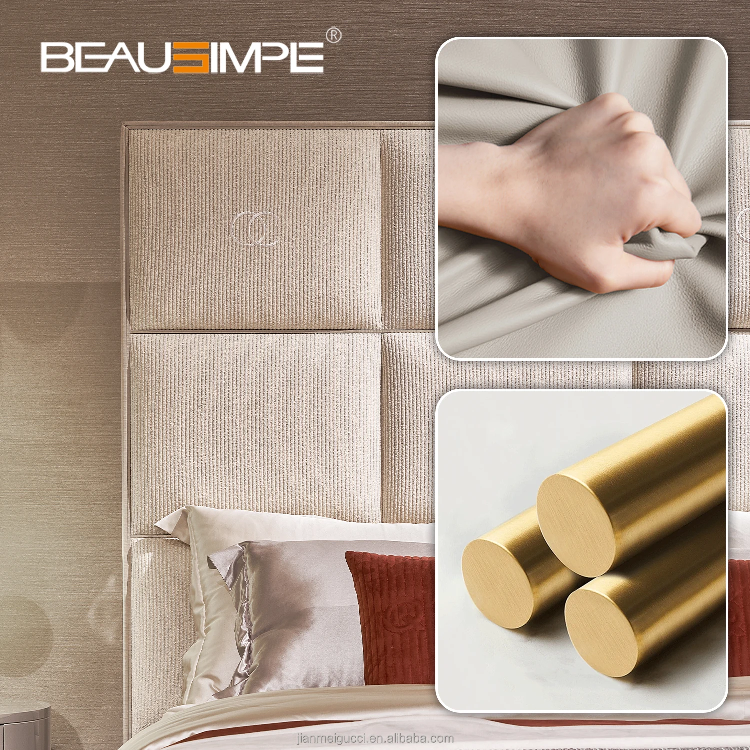 Modern minimalist bed with rectangular design pattern soft padded tall headboard fabric leather bedframe for bedroom furniture