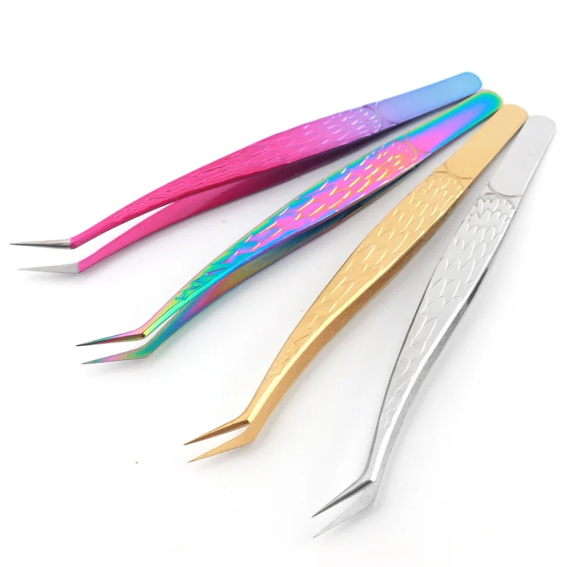 Factory price gradient coating slanted eye lash tweezers lash extension tools for eye lash