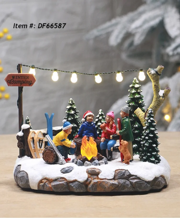 Porcelain Lighted House Christmas Village Christmas LED Lantern w Snowing Function & Music Handmade Snow Santa Claus Figurines