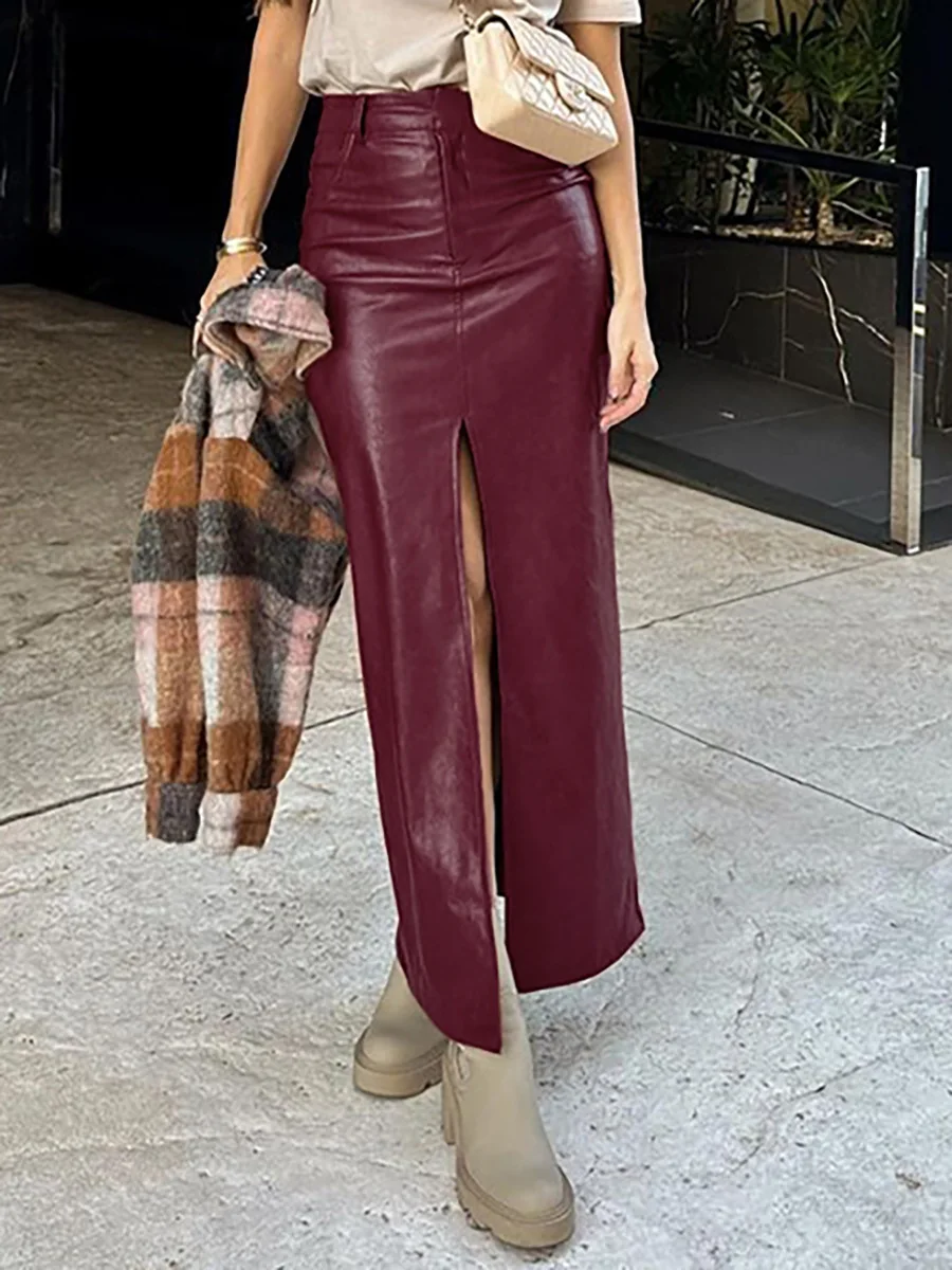 Autumn New Sexy Hight Split Ladies Vintage Long Pencil Skirt PU Leather Maxi Straight Skirts Custom Logo