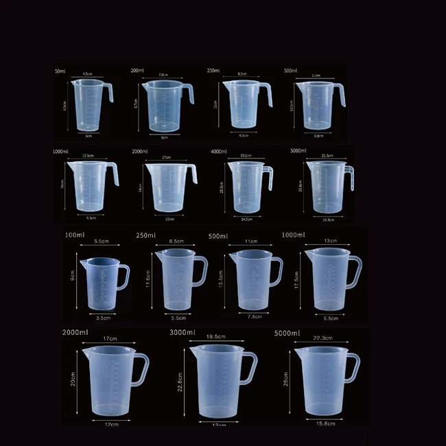 MOQ 1 carton OEM printed available 15ml 30ml 100ml 150ml 1000ml to 5000ml etc plastic kitchen or Lab measuring cup