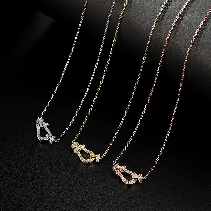 Risingmoon Zircon Necklace Stainless Steel 18K gold Plated Necklace Silver Horseshoe Buckle Pendant Necklace