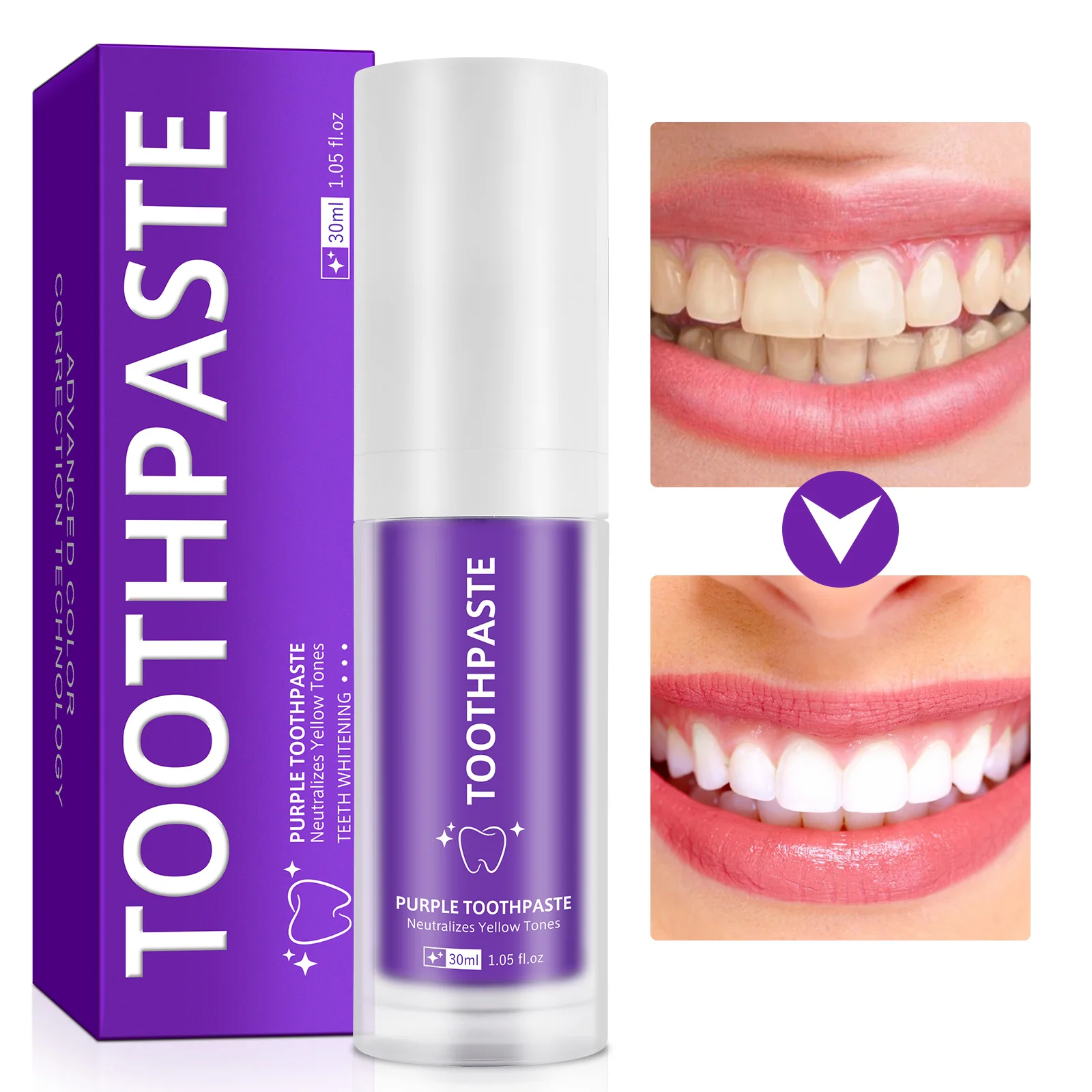 Wholesale 30ml V34 Colour Corrector Serum Private Label Tooth Brighten Mousse Stain Removal Purple Teeth Whitening Toothpaste