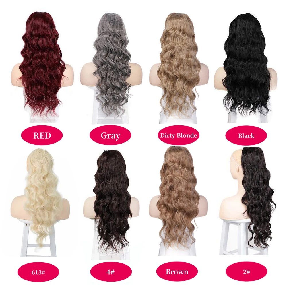 wrap around drawstring ponytail curly long wavy 24inch heat resistant body wave synthetic hair ponytails extensions fiber ties