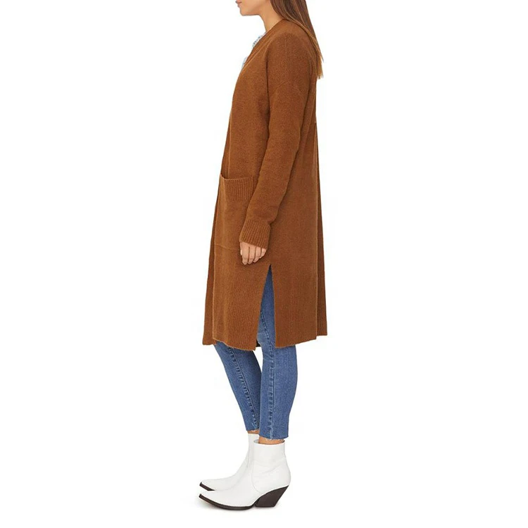 Best Selling Long Sleeve Open Front Knitted Side Slit Hem Drop Cardigan