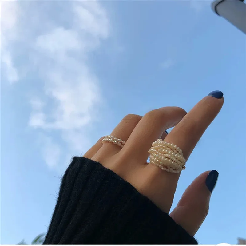 high quality women female personalized minimalist real seed beads baroque pearl ring gold multi layer layered pearl ring