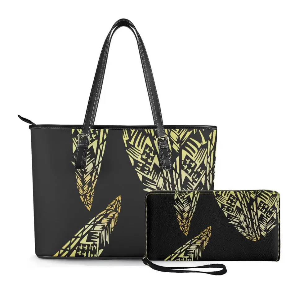 Print On Demand Polynesian Tribal Samoa Yellow Tapa Print Custom Pocketbooks Shoulder Handbags Purse and Wallet Set