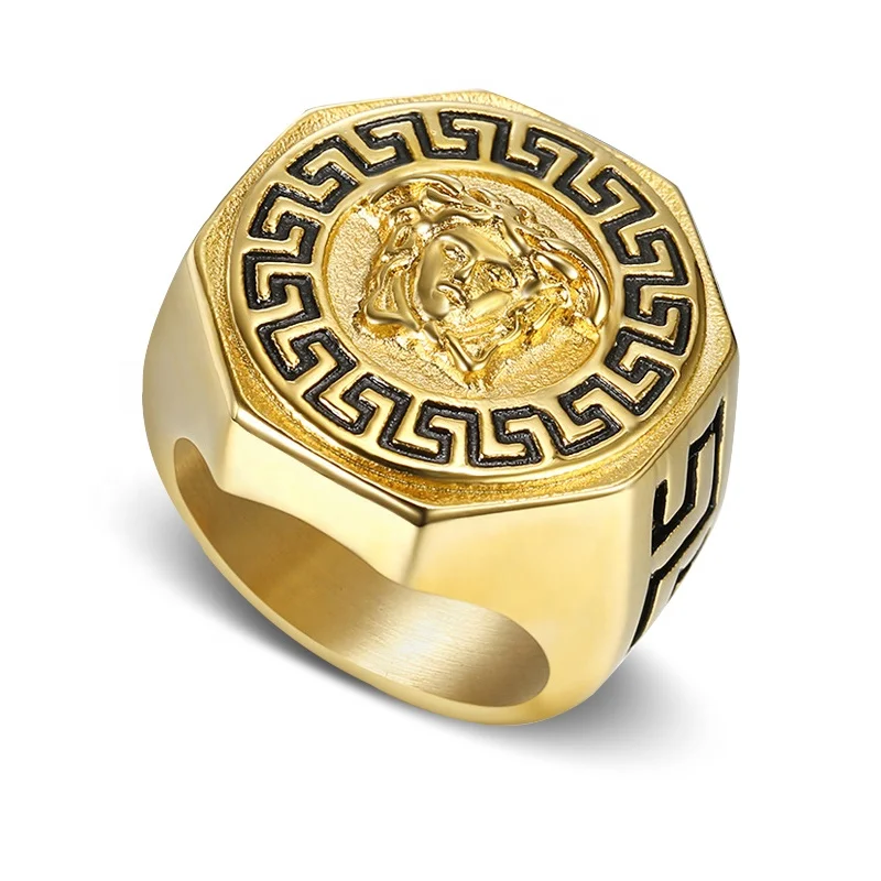 Customized European American hip-hop style Ancient Greek Mythology gold-plated stainless steel Medusa Rings vintage Men jewelry