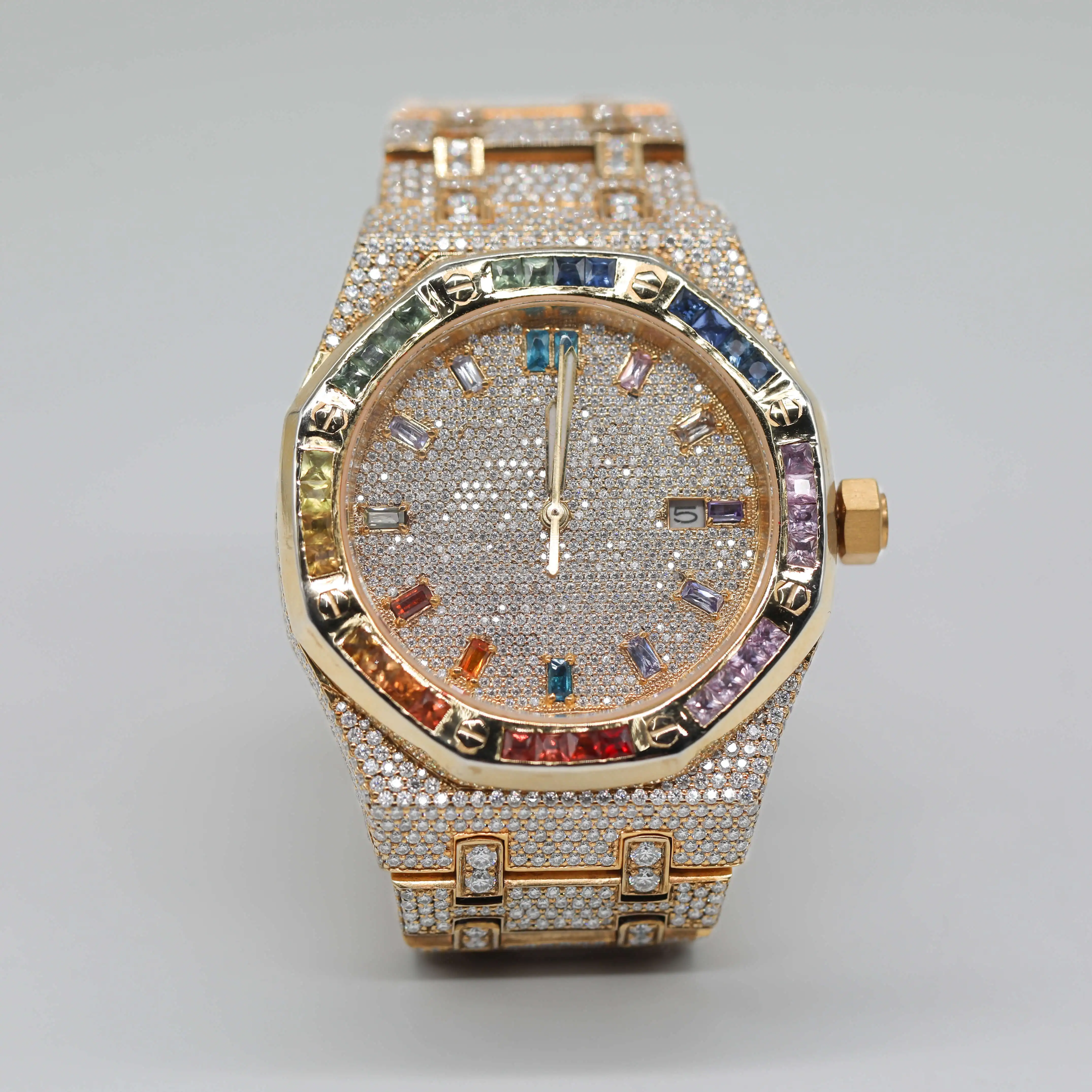 Elegant Stainless Steel GOLDEN TONE Round Moissanite Watch WITH FULL ICED OUT DIAMOND STUDDED JAPAN Movement WATCH