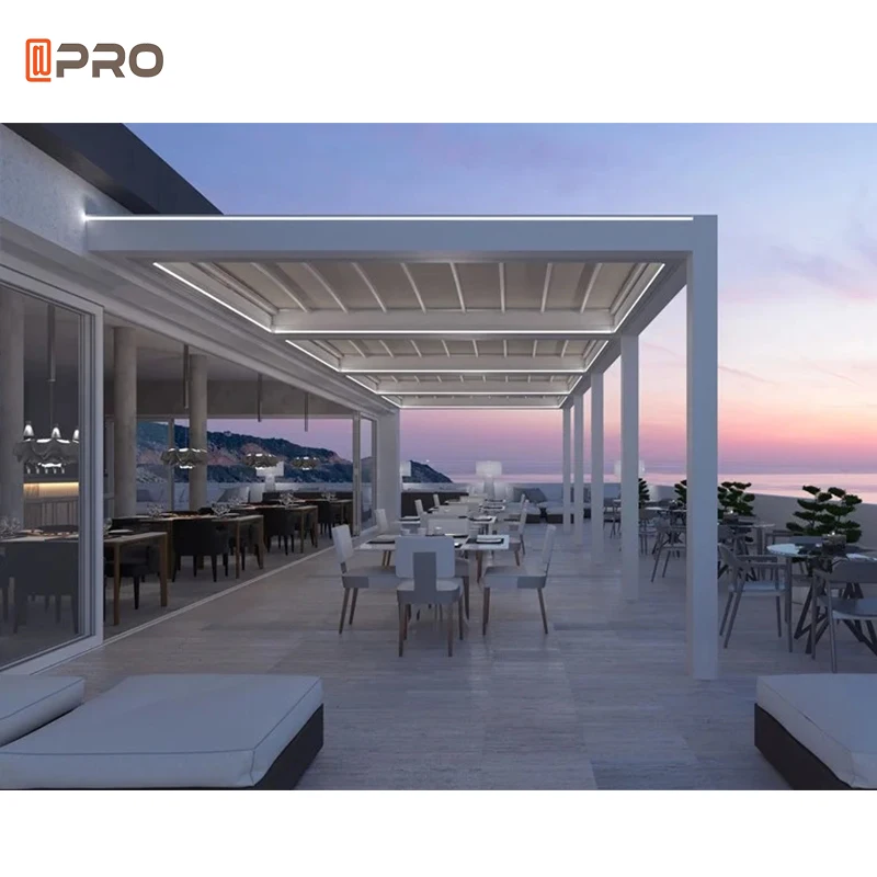 Aluminium Bioclimatic Remote Control Motorized Pvc Roof  Outdoor Pavilion Retractable Pergola with light