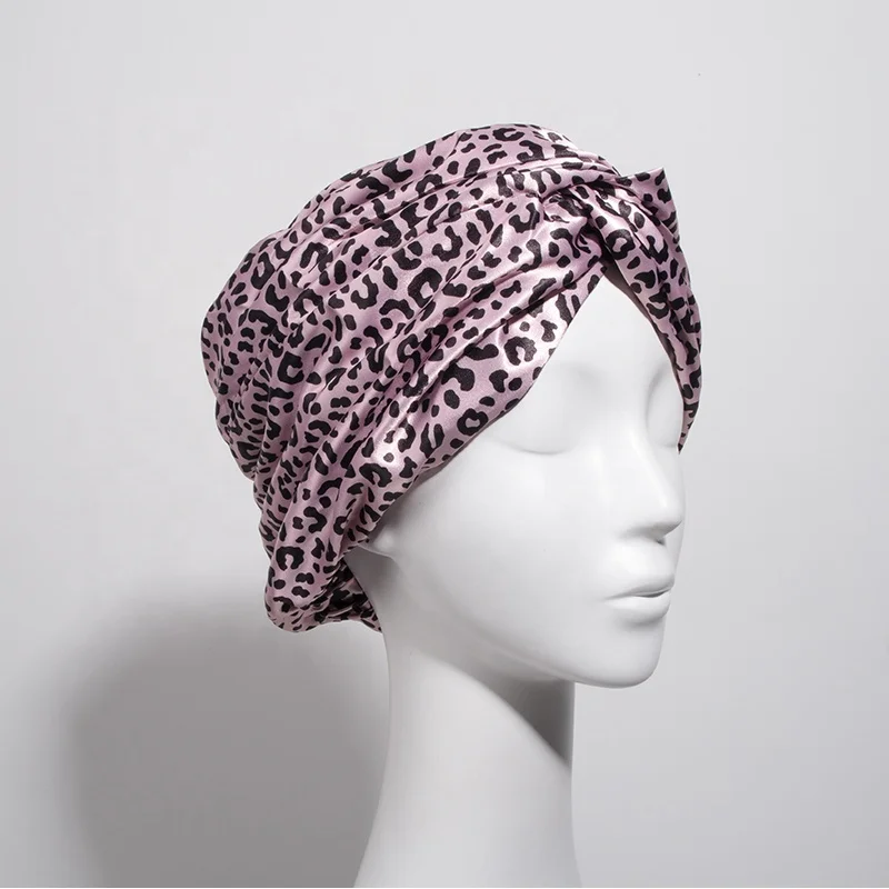 Custom double layer bonnet Knotted sleep caps Leopard silk satin turban