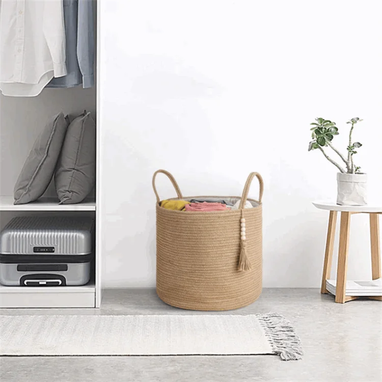 Natural Rope Basket Wooden Bead Decoration Home Decor Woven Storage Basket with Handles
