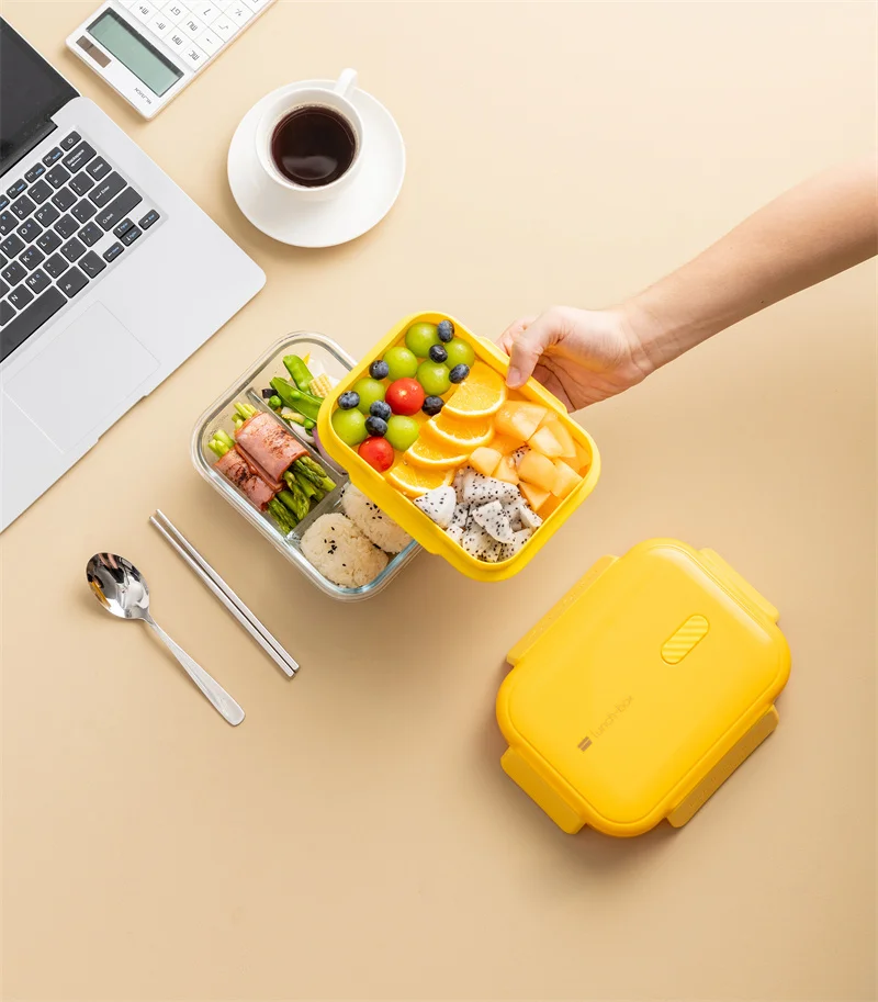 Pinmoo Leakproof 3 compartments bento box glass meal prep containers portable food container