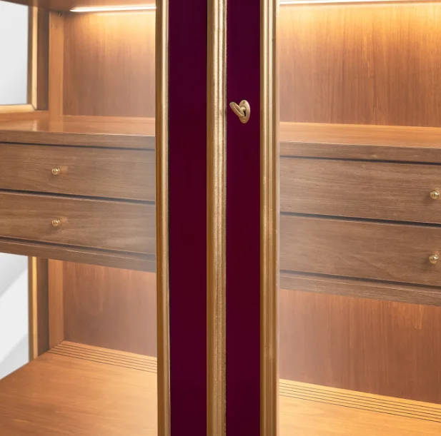 European Contemporary Exquisite Simple Wine Red Wood Surface Glass Door and Wood Base Living Room Cabinet