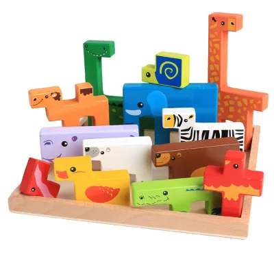 
Wholesale educational 3D wooden creative jigsaw animal building blocks puzzle toy for kids 