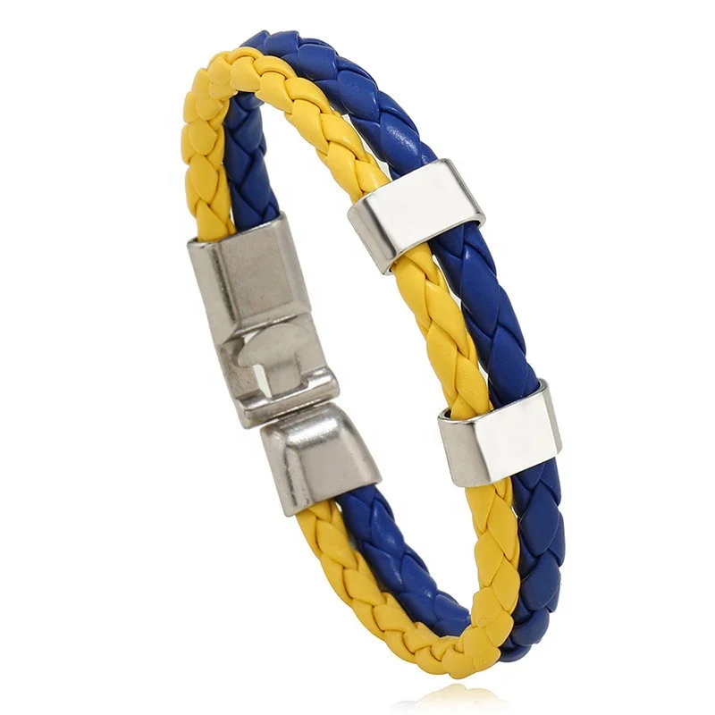 wholesale factory cheap braided PU leather button simple blue yellow bracelet