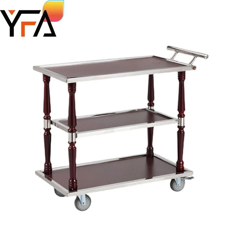 Luxury three-layer stainless steel solid wood multi-functional trolley, restaurant service food delivery cart
