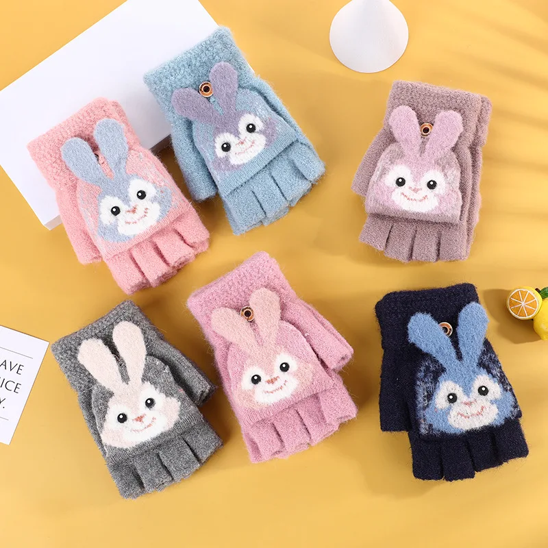 Lovely rabbit Kids Toddler Magic Winter Flip Mitten Gloves Child Kid Knitted Convertible Flip Top Fingerless Gloves Mittens