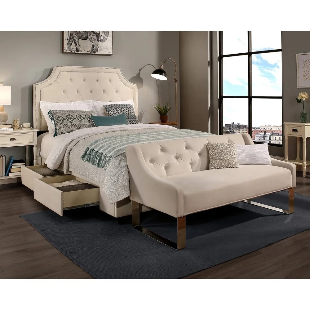 Modern Button Tufted Storage Bed with Drawers Upholstered Bed Frame with Adjustable Headboard
