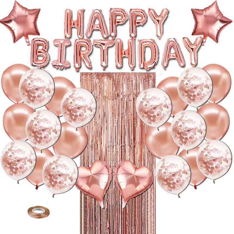 Rose Gold  Happy Birthday Foil Letter Balloons Set Birthday Balloon Banner Confetti Balloon Set Birthday Party Supplies