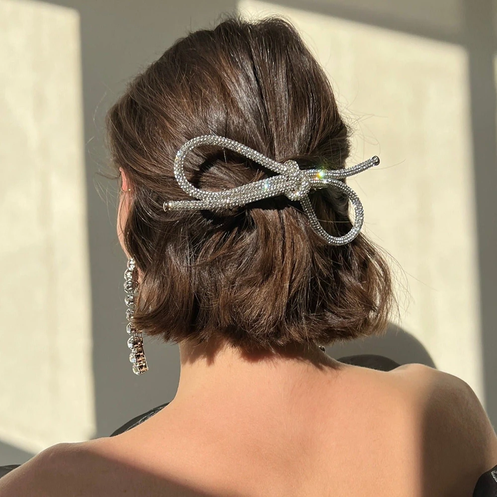 Elegant Duckbill Clip Bowknot Hairpin Blingbling Silver Rhinestone Crystals Bow Barrette Hair Clip