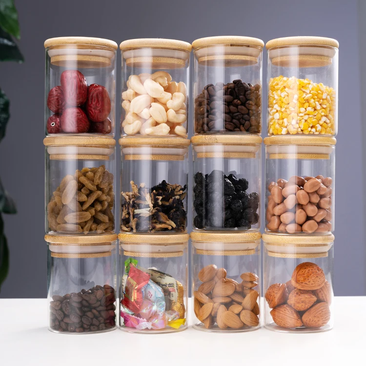 12 piece High Quality borosilicate glass spice storage jars with bamboo lids set