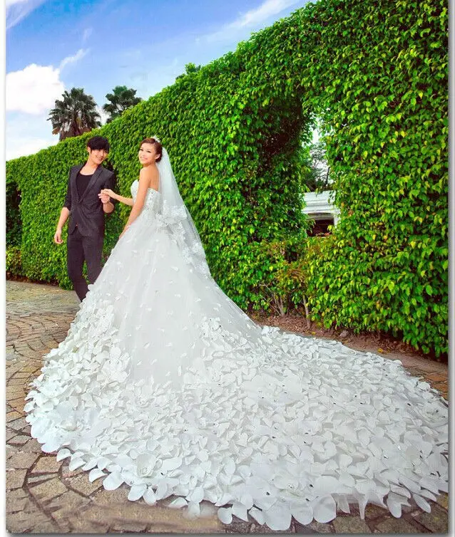 Strapless Wedding Dress Royal Train Beaded Lace Wedding Dress Cathedral Train Flowers Wedding Dress Long Train