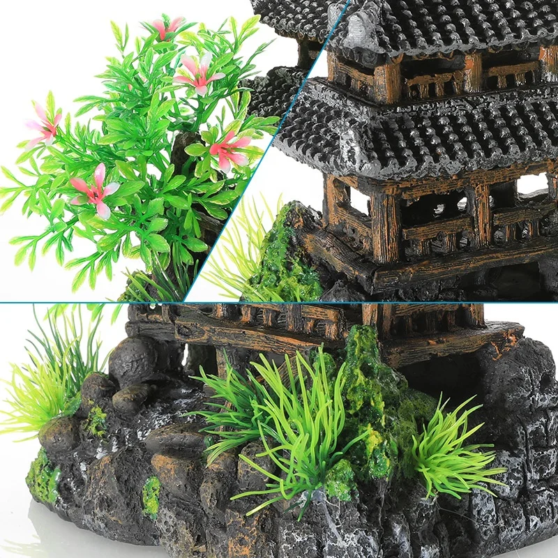 Fish tank decoration aquarium landscaping resin crafts house rockery ornaments Jiangnan hut water town Yunhe Tower