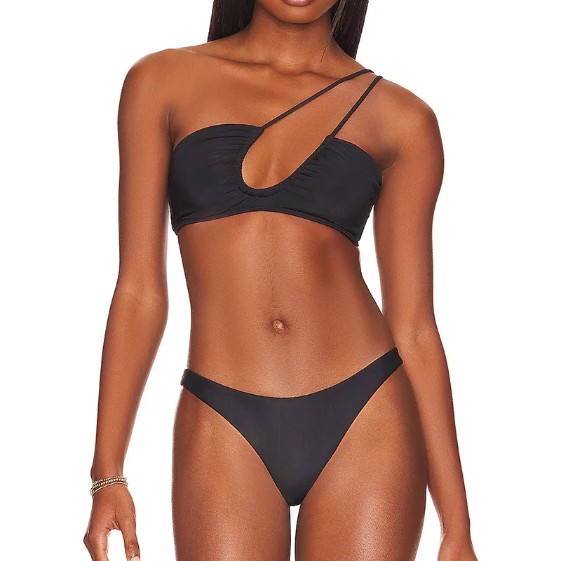 extreme micro bikini models Solid Black color one shoulder  two pieces bikinis beachwear Sexy Women Swimsuit