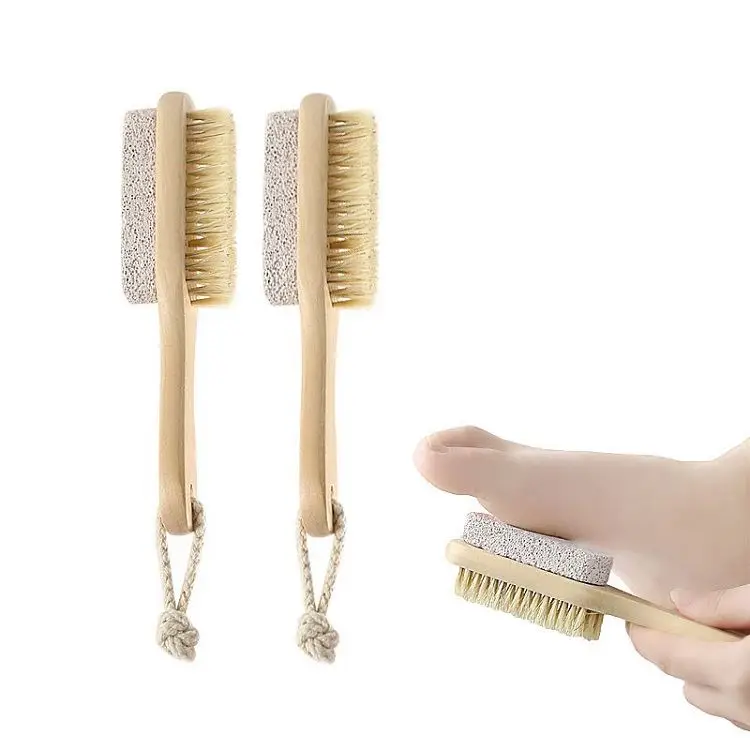 
Wood Handle Pumice Stone Foot Brush Scrubber Feet Exfoliating Dead Skin Remover Natural Bristle Massage Tool 