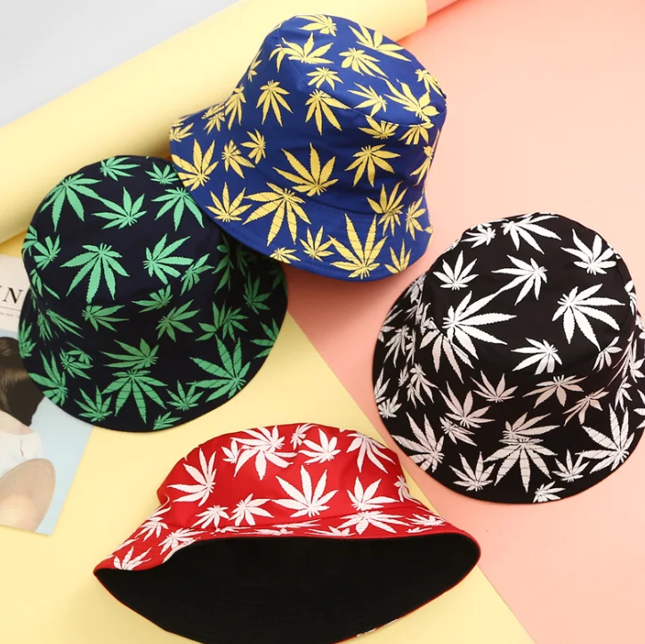 
Two sides wearable unique flat brim fashion hats maple leaves print bucket hats wholesale unisex hats 