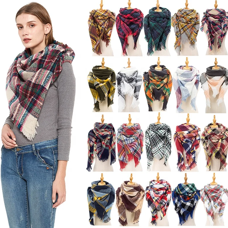 Womens Warm Long Shawl Wraps Large Scarves Knit Cashmere Feel Plaid Triangle Scarf Adult Classic Winter Latest Scarf Designs