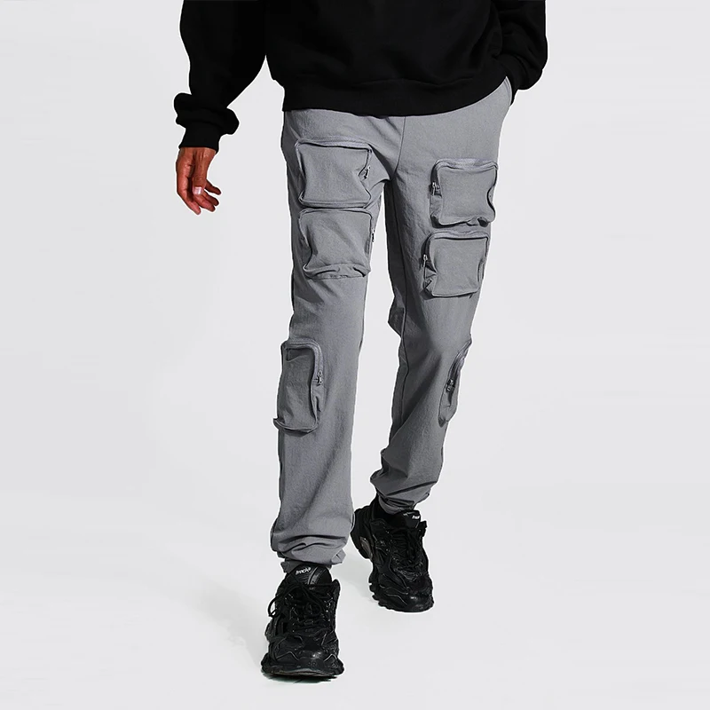 Grey side pockets casual windbreaker blank streetwear men nylon jogger cargo pants