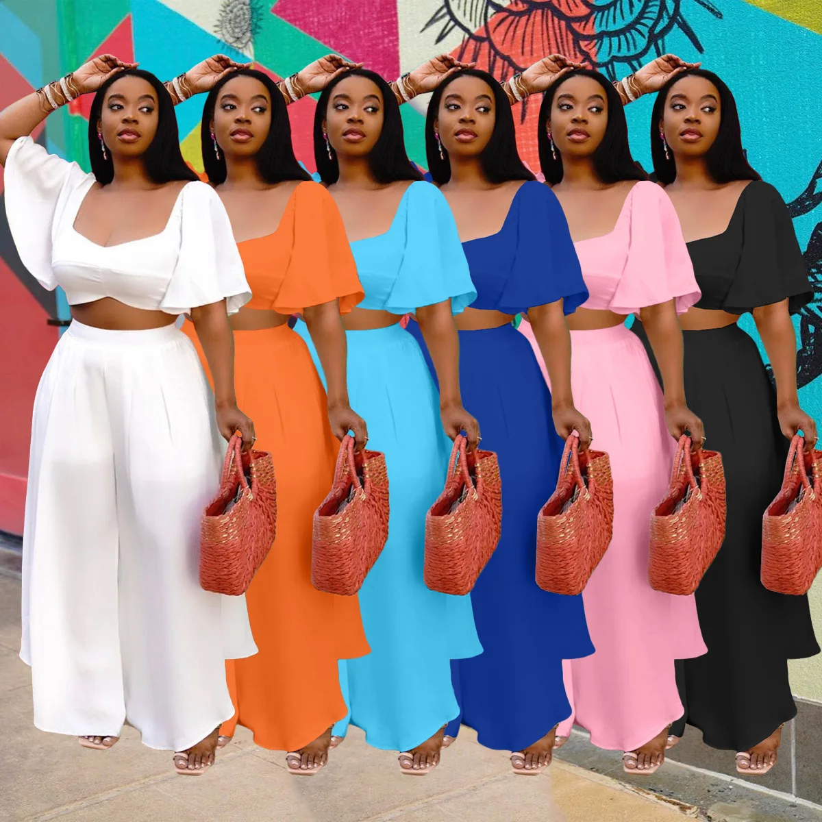 2022 summer manufacturers wholesale pure color Hollow Out short sleeve wide leg pants casual three sets