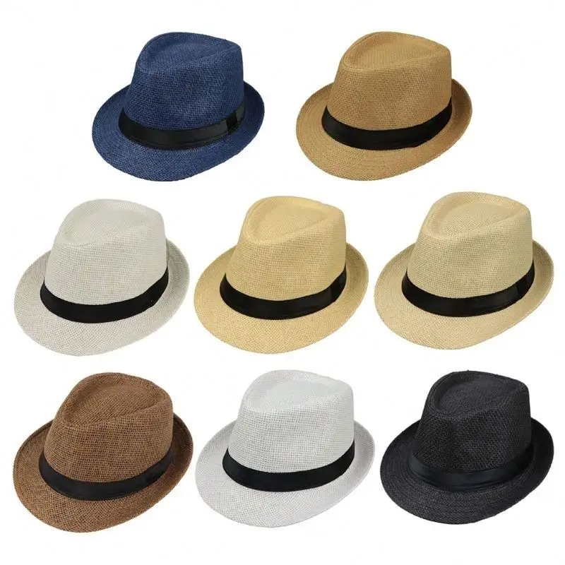 Men Women Summer Beach Jazz Panama Trilby Fedora Straw Dress Hat Male Short Brim Beach Cap Sun Hat