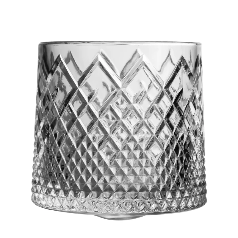 Unique New Design Rolling Fashioned Crystal Wine Tumbler Spinning Style Whiskey Glass Rotating Wooden Base