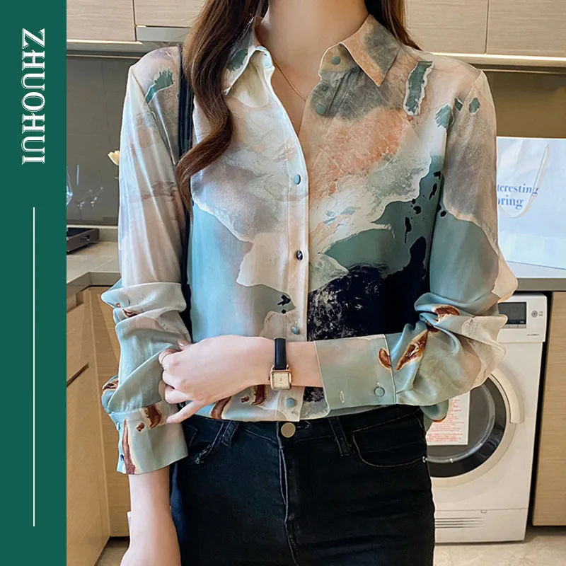 Spring Autumn Fashion Mulberry Silk Polo Gradient Ramp Long Sleeve Blouse Shirt Women Chic Contrast Color Work Shirts Ladies